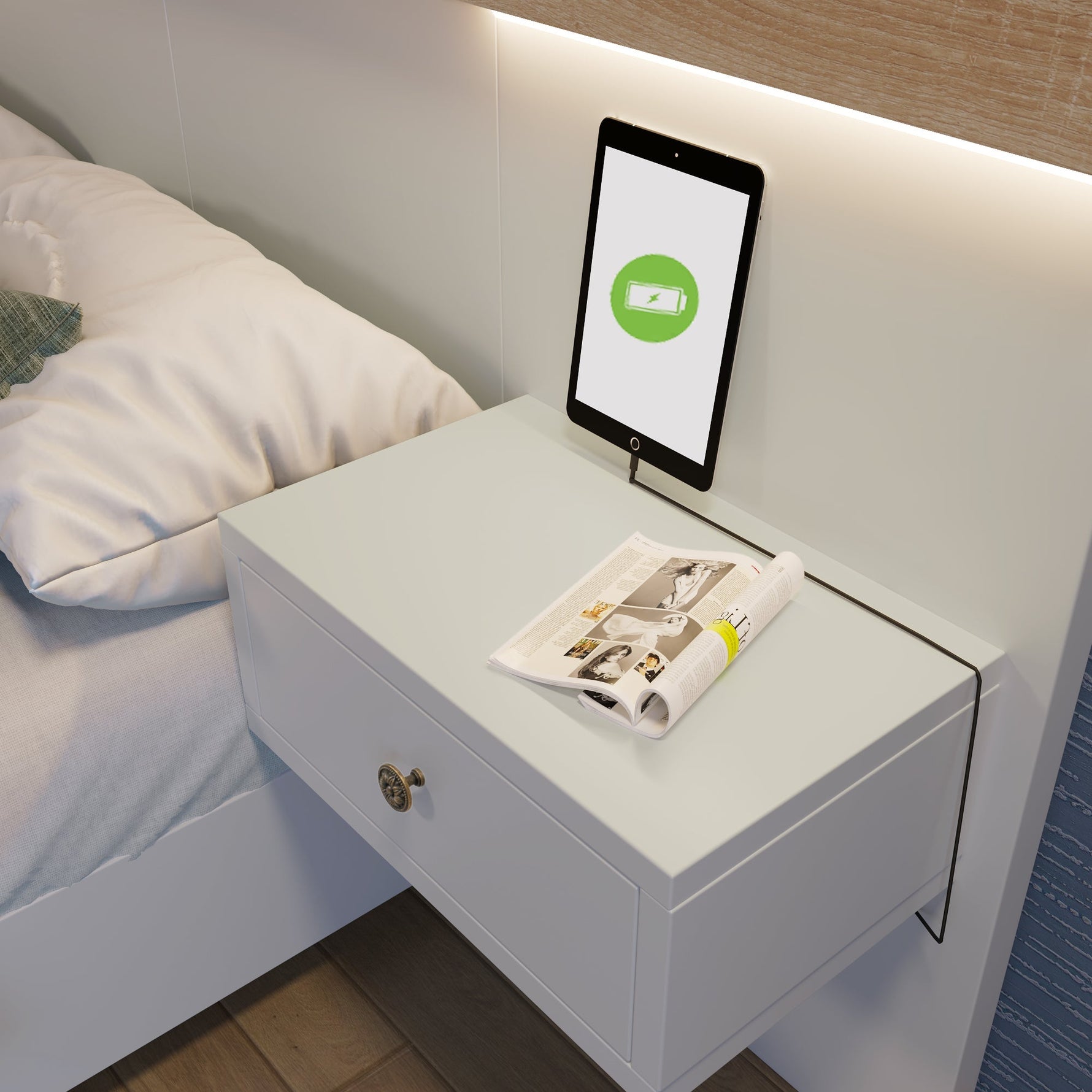 Double Bed Set with 2 LED Nightstands & USB C Socket, 180 x 200 cm, Sonoma Oak/White Wood