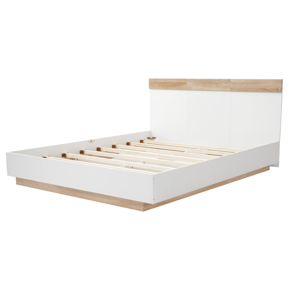 Double Wooden Bed, Floating Bed with Headboard & Slatted Frame, Sonoma Oak/White