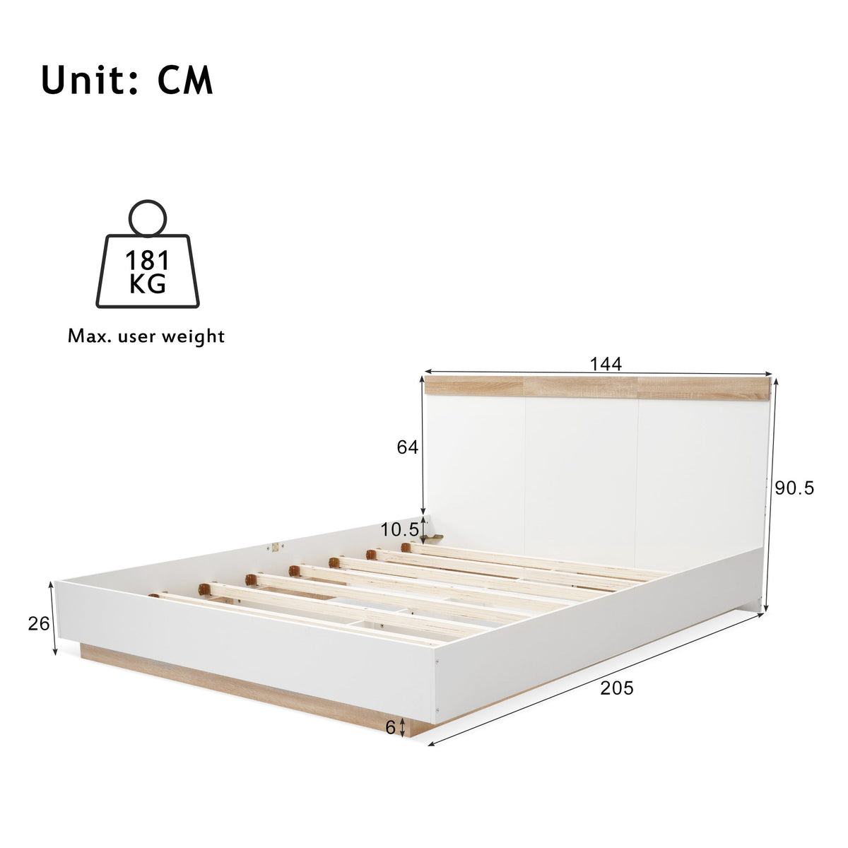 Double Wooden Bed, Floating Bed with Headboard & Slatted Frame, Sonoma Oak/White