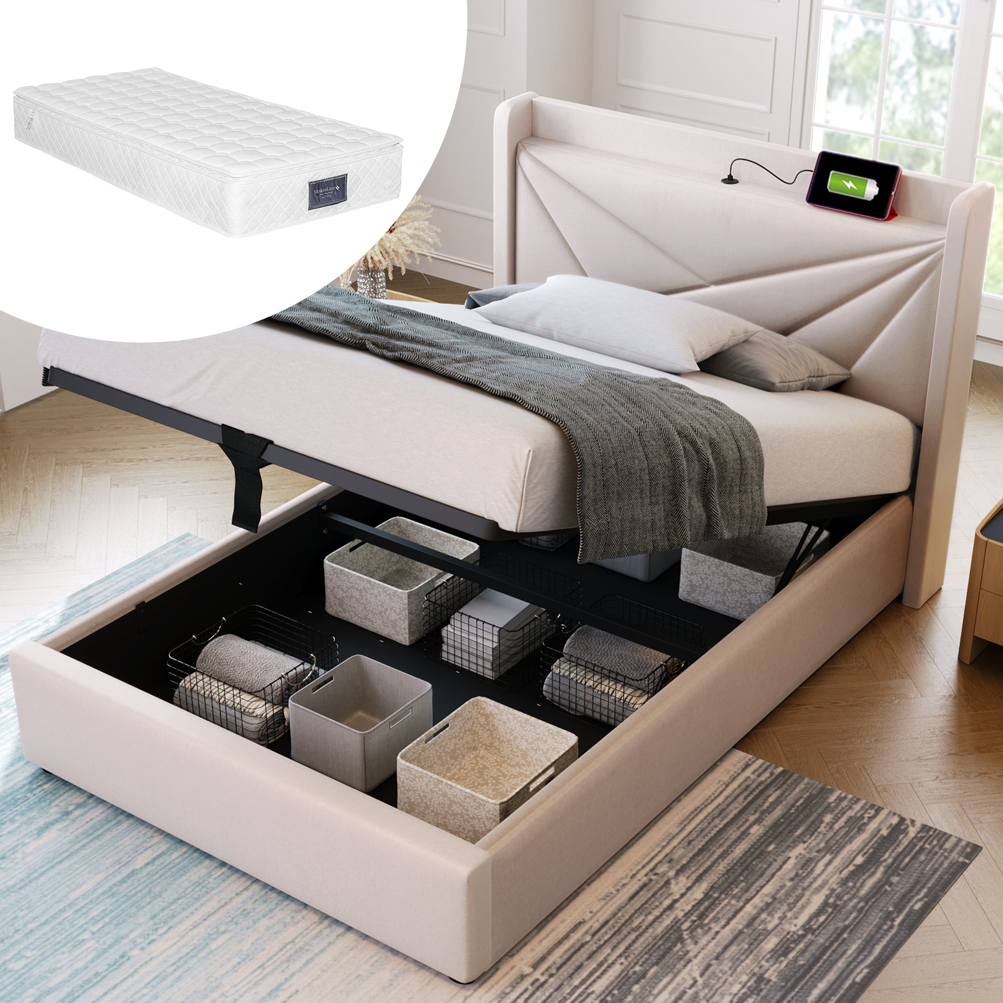 Upholstered Bed, Single with USB Type C Headboard & Storage, Linen Material