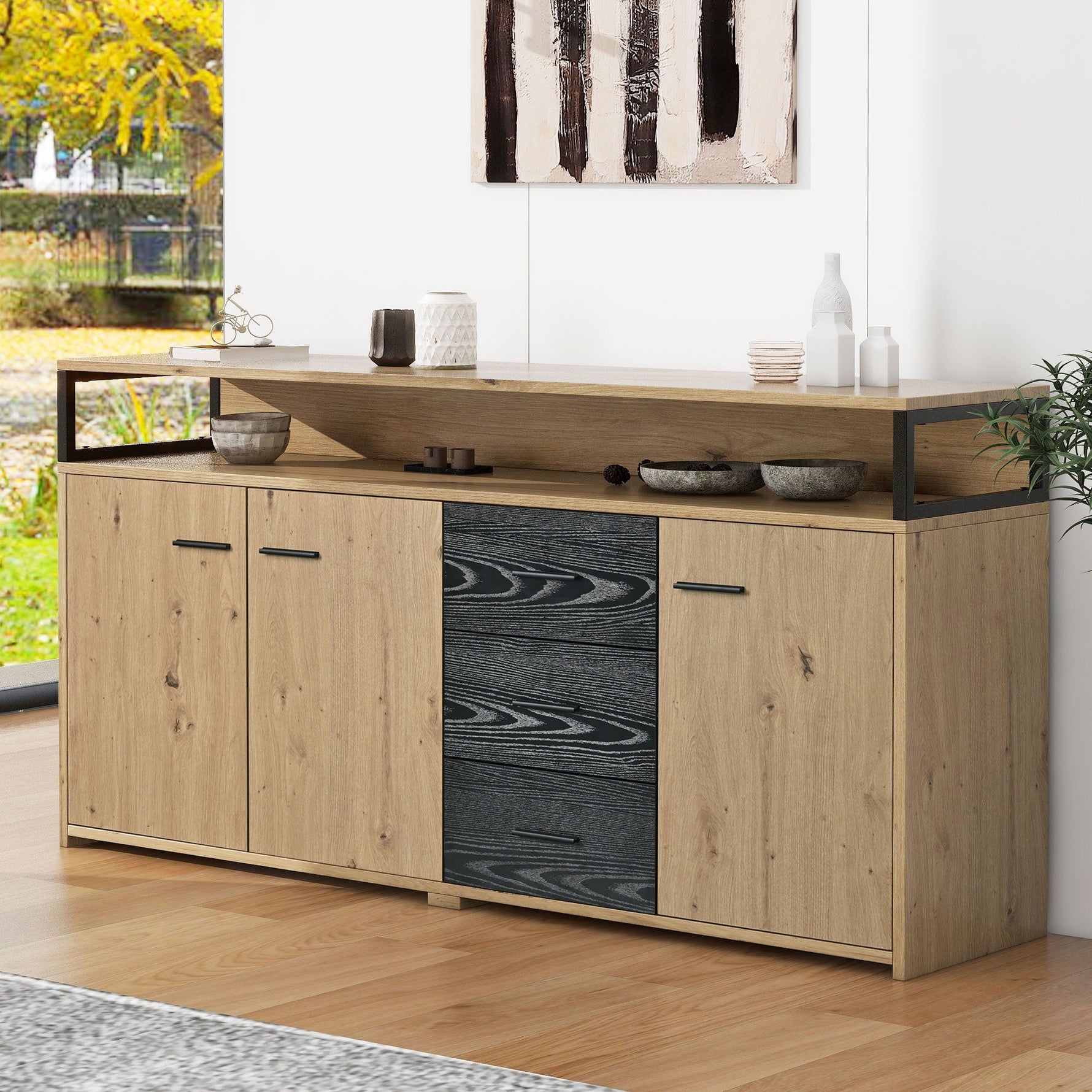 Industrial Sideboard, 3 Doors 3 Drawers, Metal Handles