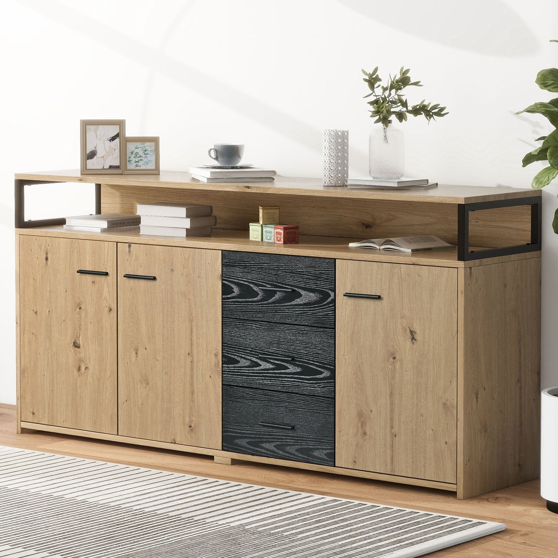 Industrial Sideboard, 3 Doors 3 Drawers, Metal Handles