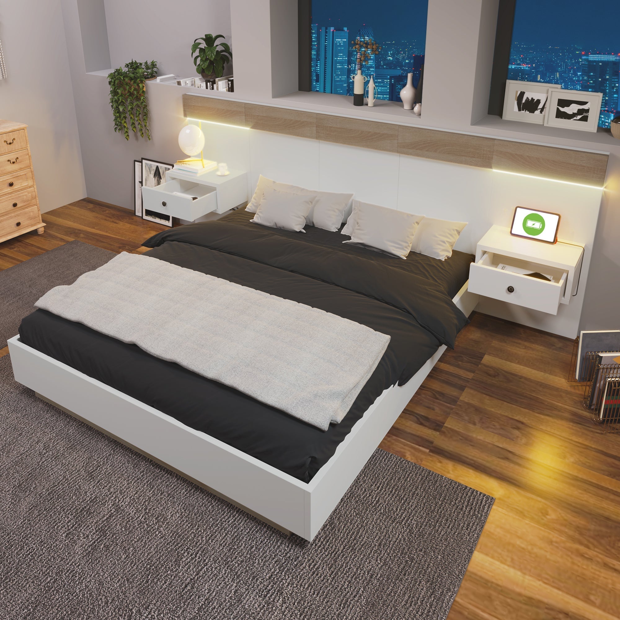 Double Bed Set with 2 LED Nightstands & USB C Socket, 140x200cm Wooden, Sonoma Oak/White