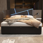 Upholstered Bed 90x200cm Hydraulic Storage LED - Black Synthetic Leather