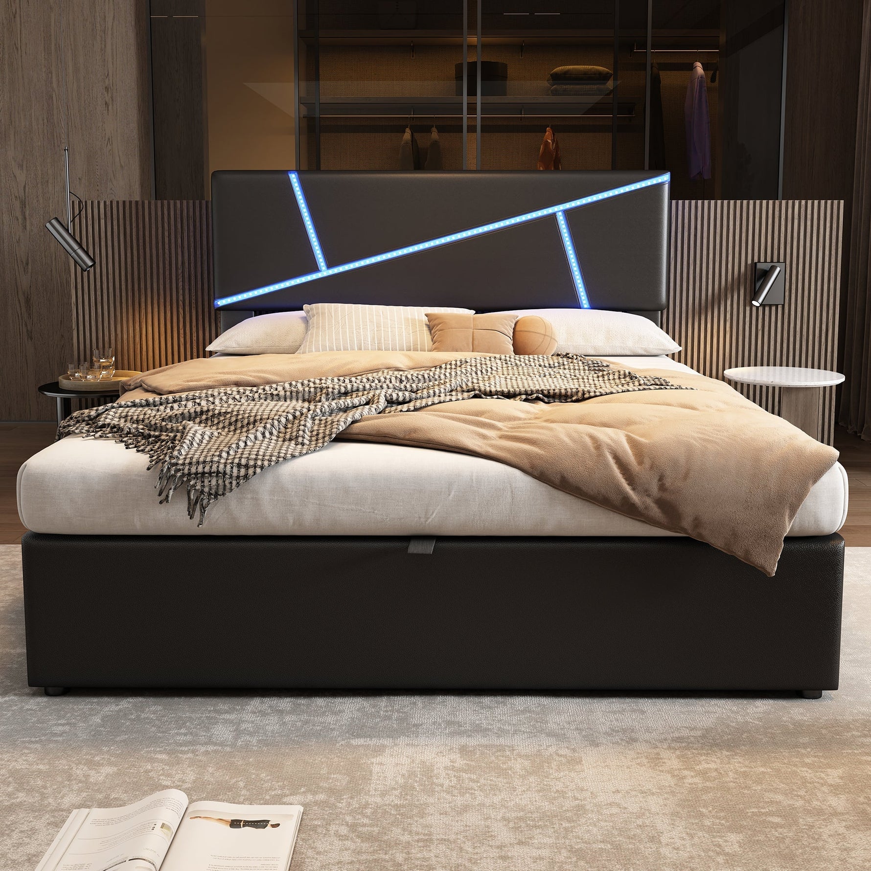 Upholstered Bed 90x200cm Hydraulic Storage LED - Black Synthetic Leather