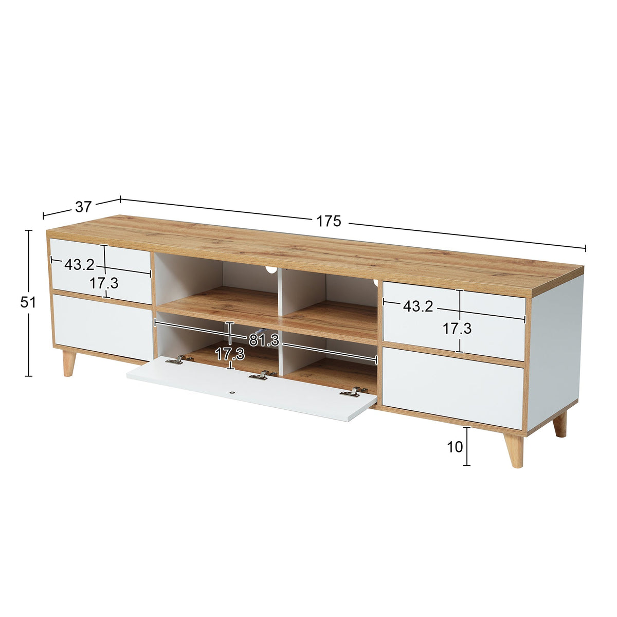 TV Cabinet, Lowboard with Compartments & Doors, White & Wood