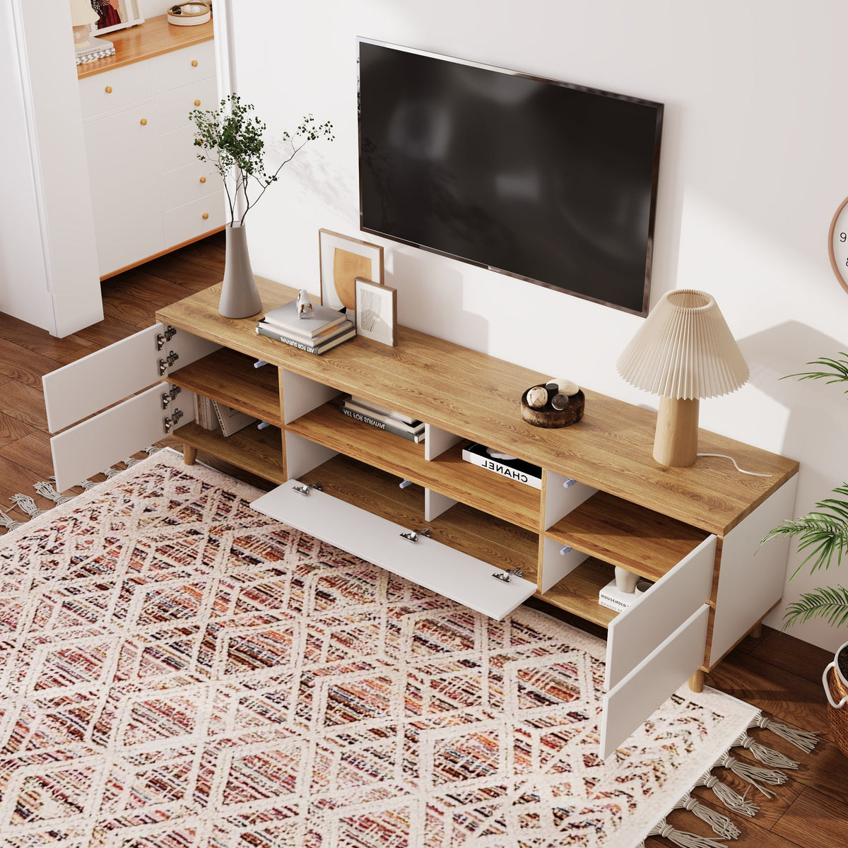 TV Cabinet, Lowboard with Compartments & Doors, White & Wood