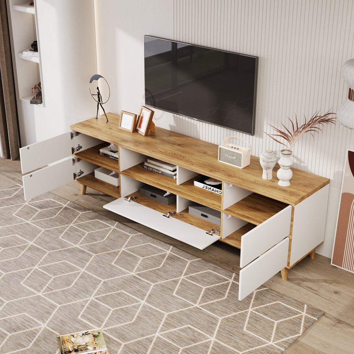 TV Cabinet, Lowboard with Compartments & Doors, White & Wood