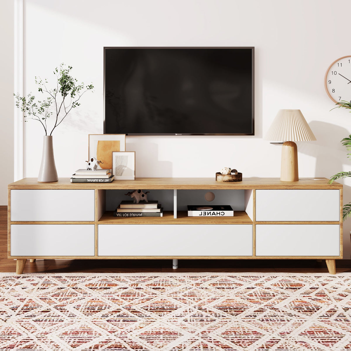 TV Cabinet, Lowboard with Compartments & Doors, White & Wood