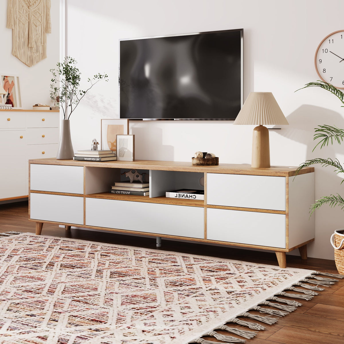 TV Cabinet, Lowboard with Compartments & Doors, White & Wood