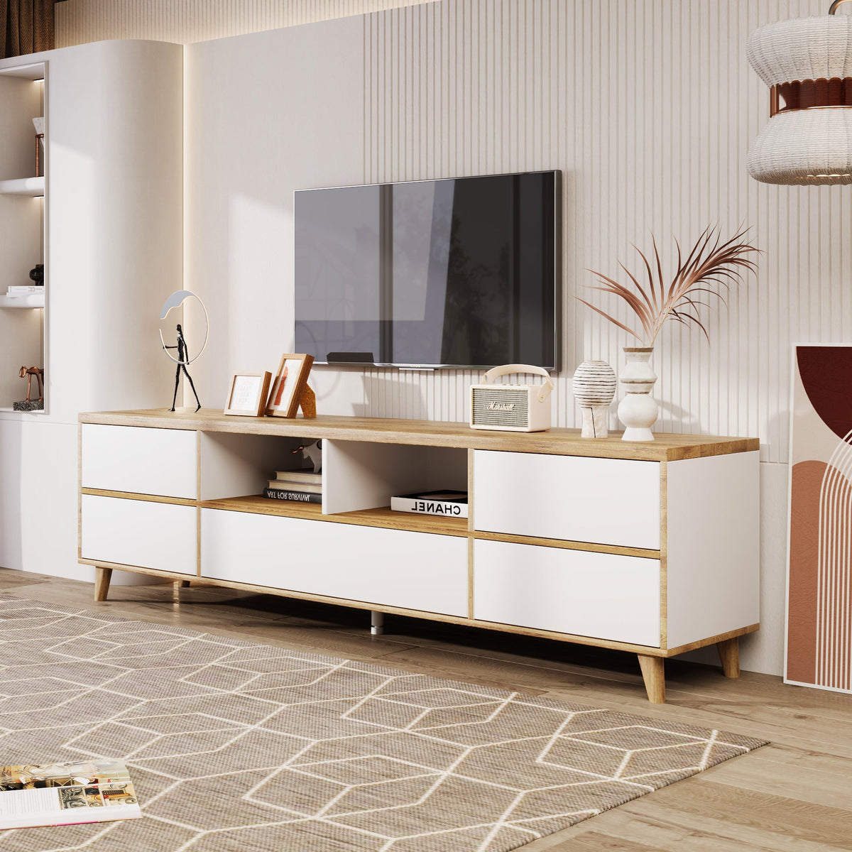 TV Cabinet, Lowboard with Compartments & Doors, White & Wood