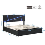 Upholstered Bed 140x200cm Double Hydraulic LED - Synthetic Leather Black