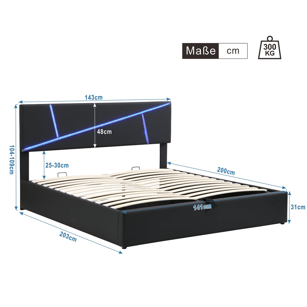 Upholstered Bed 140x200cm Double Hydraulic LED - Synthetic Leather Black