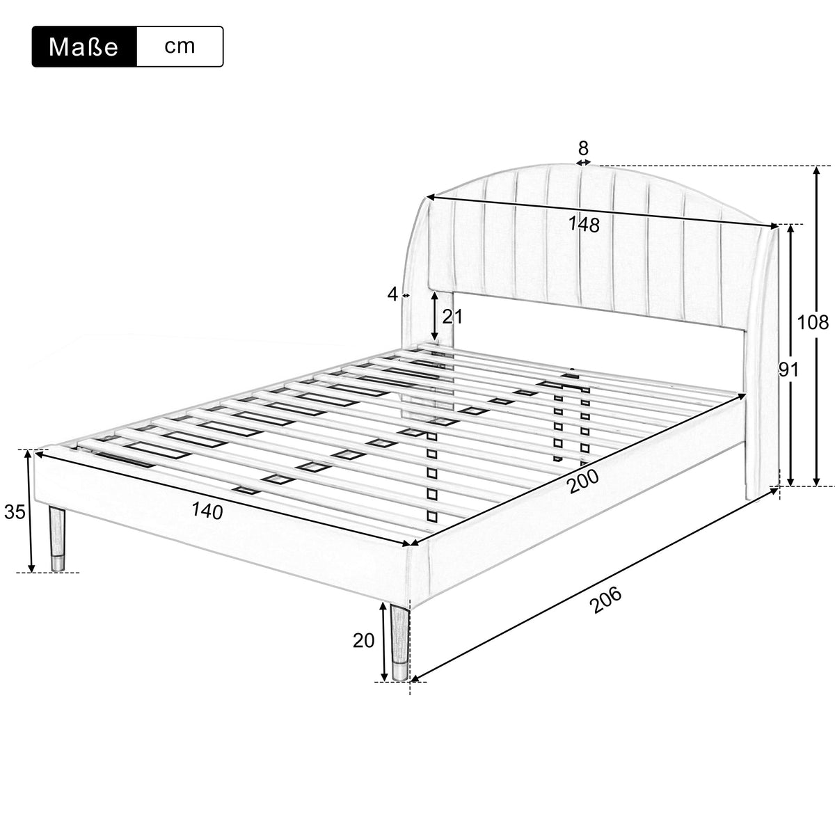 Upholstered Bed 140x200 Slatted Base Headboard - Velvet Beige