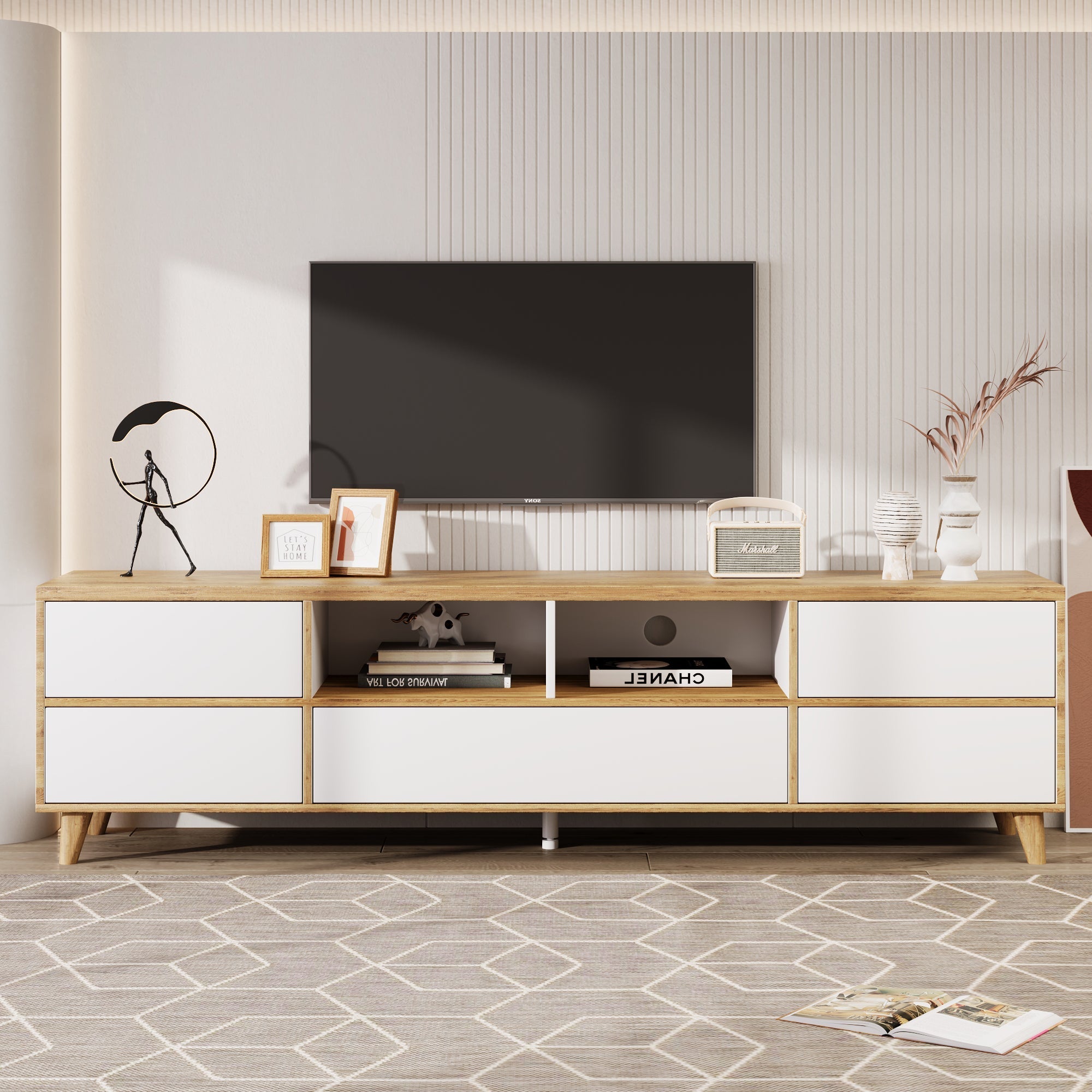TV Cabinet, Lowboard with Compartments & Doors, White & Wood