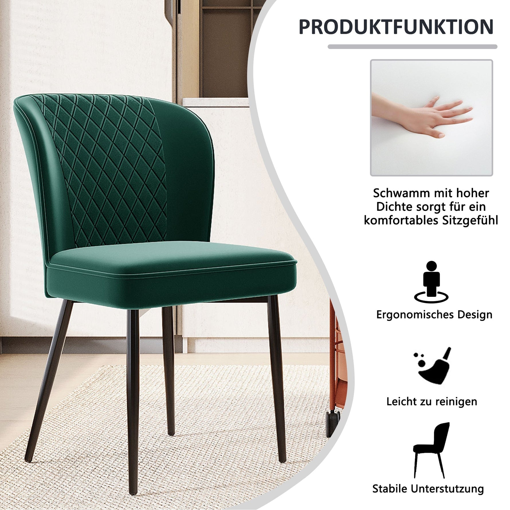 Dining Chairs Set of 2 Upholstered Velvet Seat Backrest Dark Green