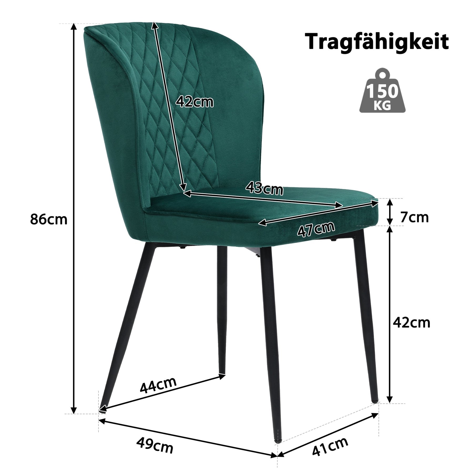 Dining Chairs Set of 2 Upholstered Velvet Seat Backrest Dark Green