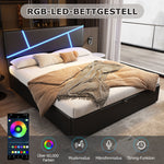 Upholstered Bed 90x200cm Hydraulic Storage LED - Black Synthetic Leather