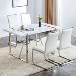 Modern Dining Chairs Set of 4, Upholstered High-Backed Side Chairs with Stripe Backrest, White PU Leather/Linen