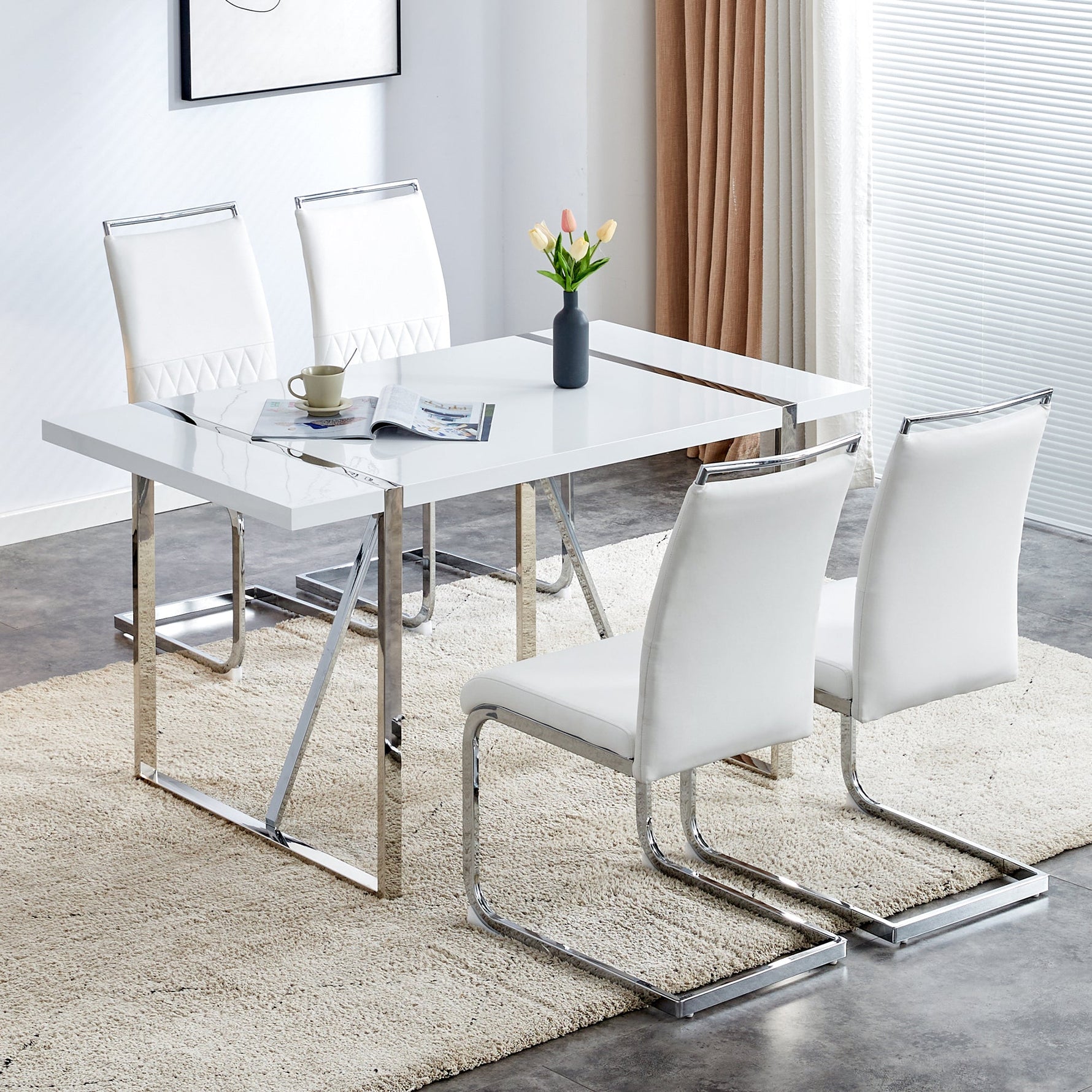 Modern Dining Chairs Set of 4, Upholstered High-Backed Side Chairs with Stripe Backrest, White PU Leather/Linen