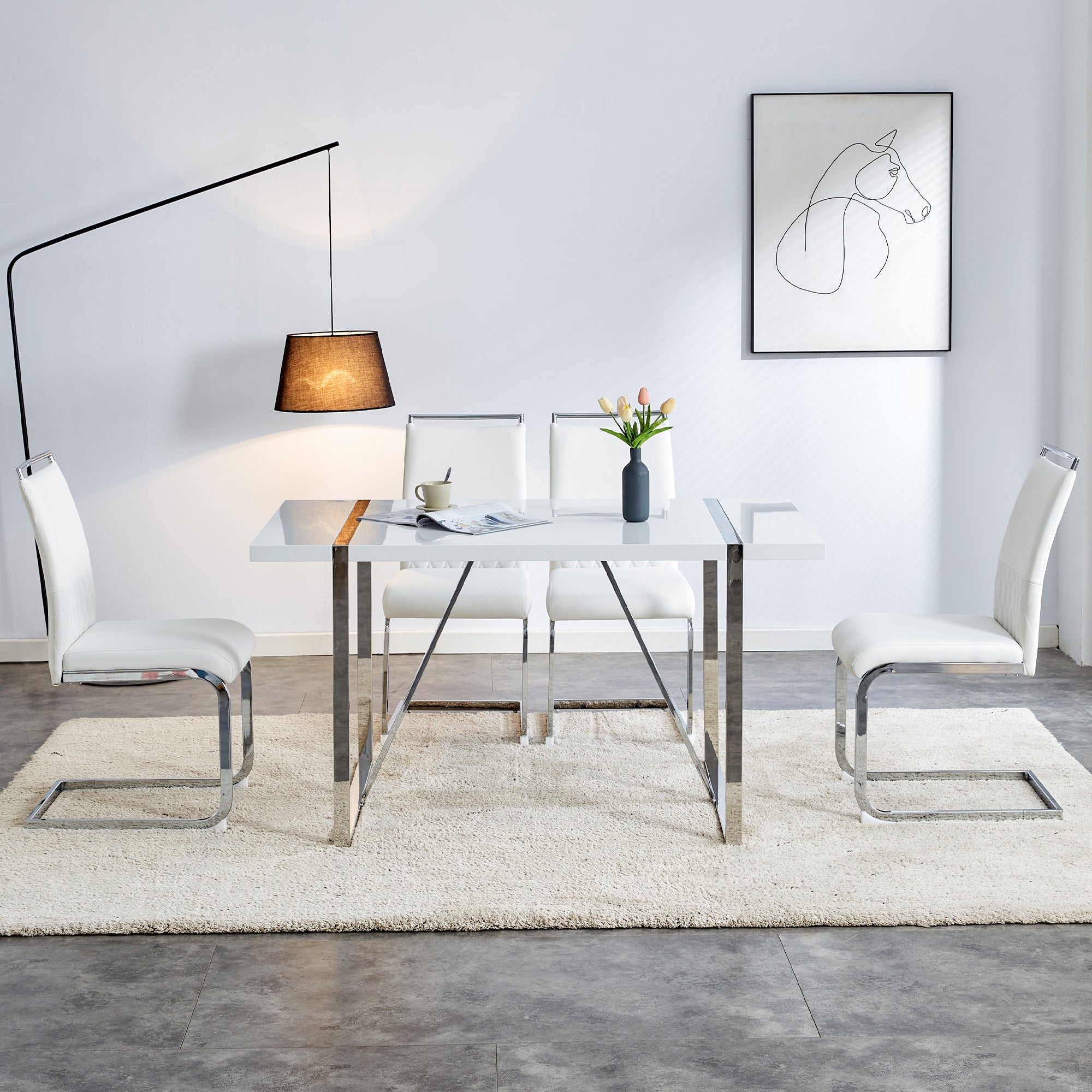 Modern Dining Chairs Set of 2, High-Backed Upholstered Side Chairs with Horizontal Stripe Backrest, White PU Leather & Linen