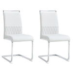 Modern Dining Chairs Set of 2, High-Backed Upholstered Side Chairs with Horizontal Stripe Backrest, White PU Leather & Linen