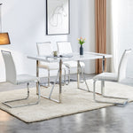 Modern Dining Chairs Set of 4, Upholstered High-Backed Side Chairs with Stripe Backrest, White PU Leather/Linen