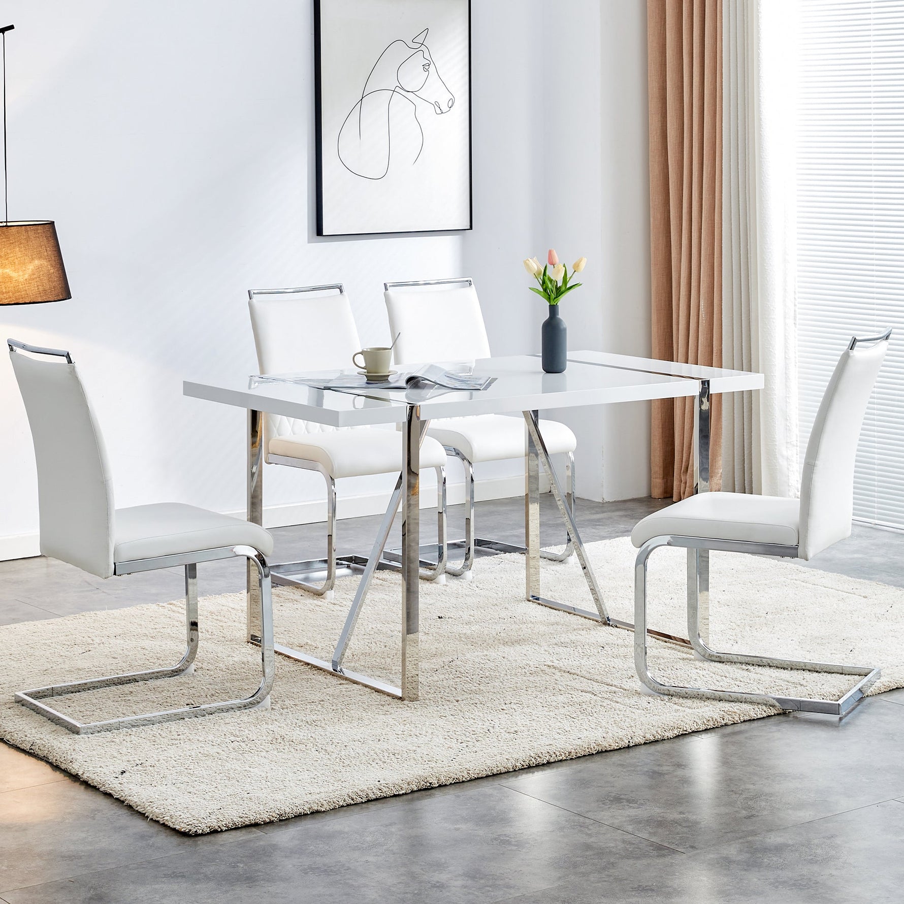 Modern Dining Chairs Set of 4, Upholstered High-Backed Side Chairs with Stripe Backrest, White PU Leather/Linen