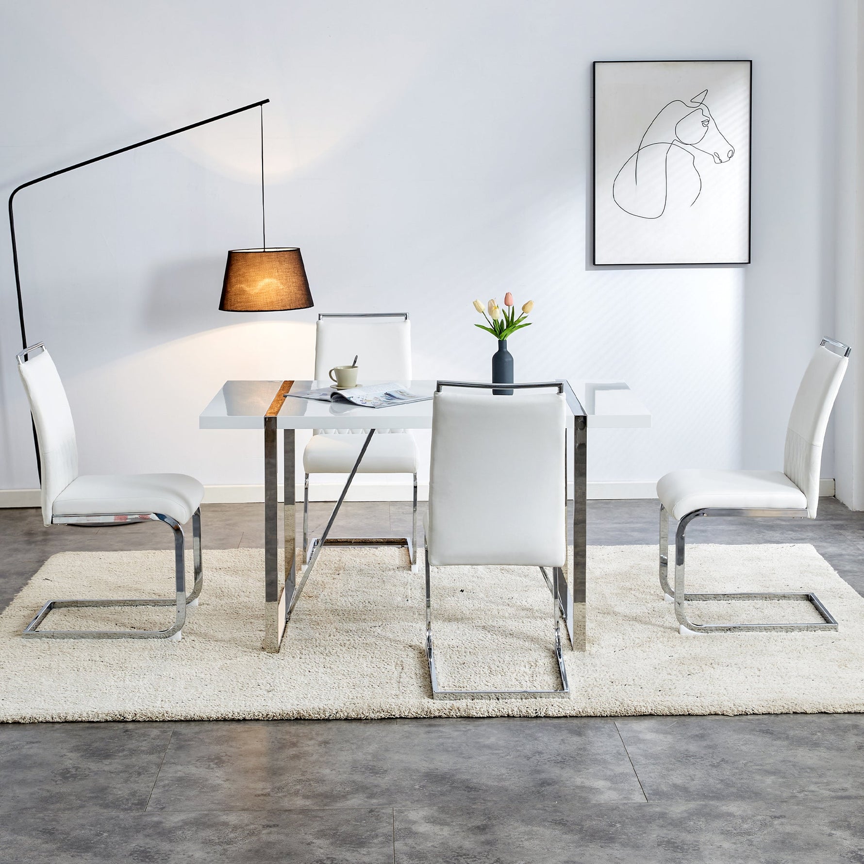 Modern Dining Chairs Set of 4, Upholstered High-Backed Side Chairs with Stripe Backrest, White PU Leather/Linen