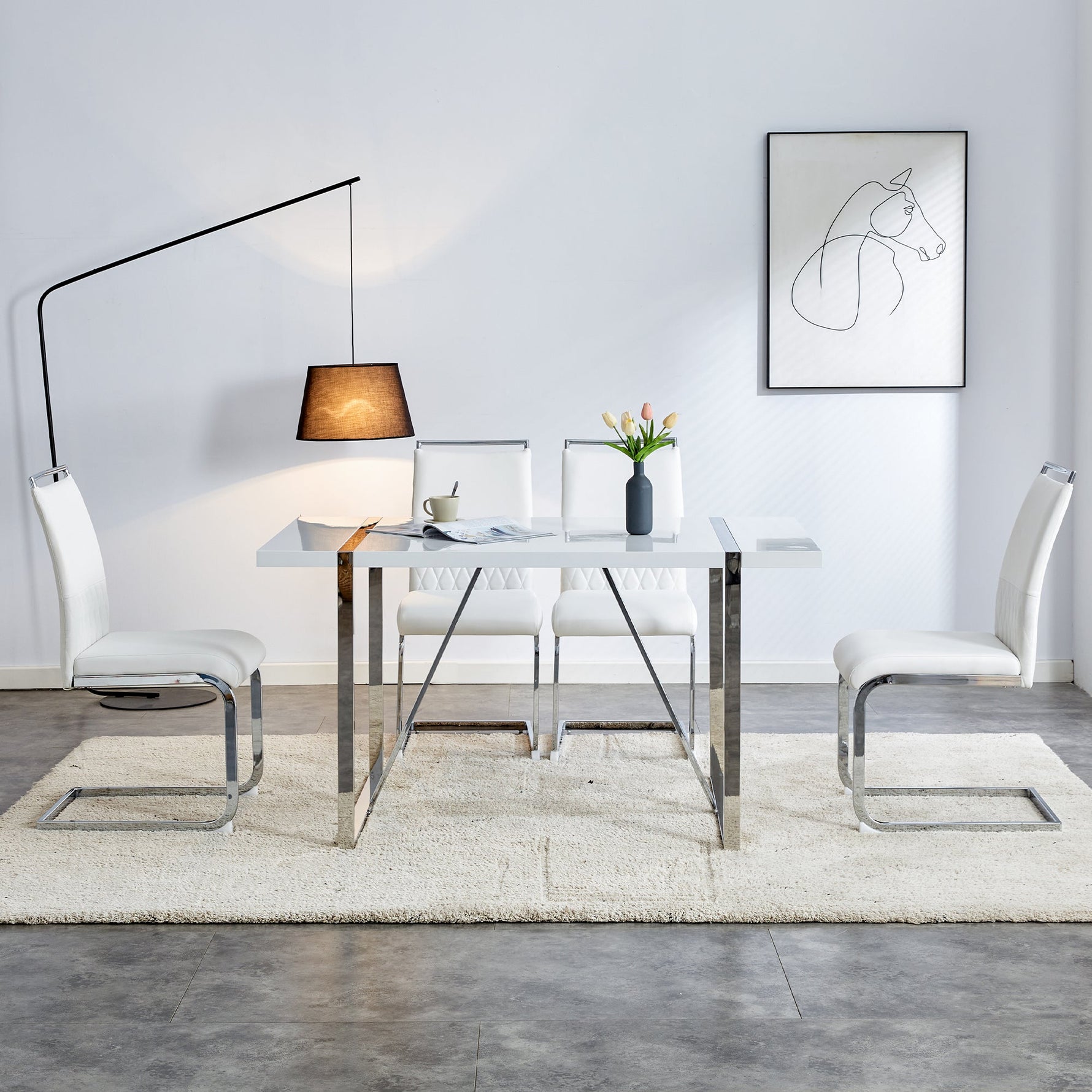 Modern Dining Chairs Set of 4, Upholstered High-Backed Side Chairs with Stripe Backrest, White PU Leather/Linen