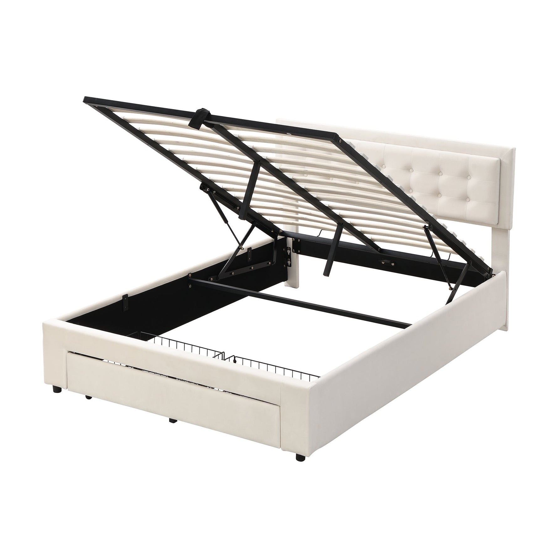 Upholstered Double Bed 140x190cm Hydraulic Storage Headboard 2 Drawers Velvet Beige