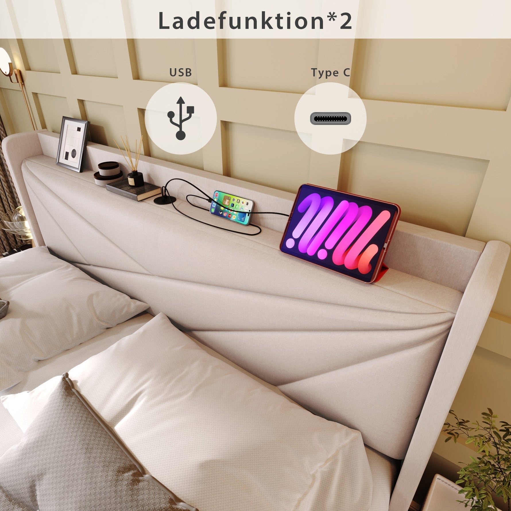 Upholstered Bed, Double, Storage, USB-C Headboard, 140x200, Linen