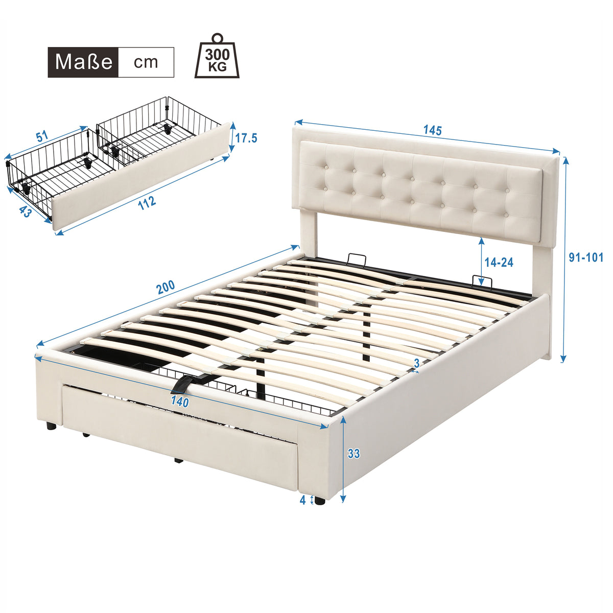 Upholstered Storage Bed 140x200 with 2 Drawers, Beige Velvet