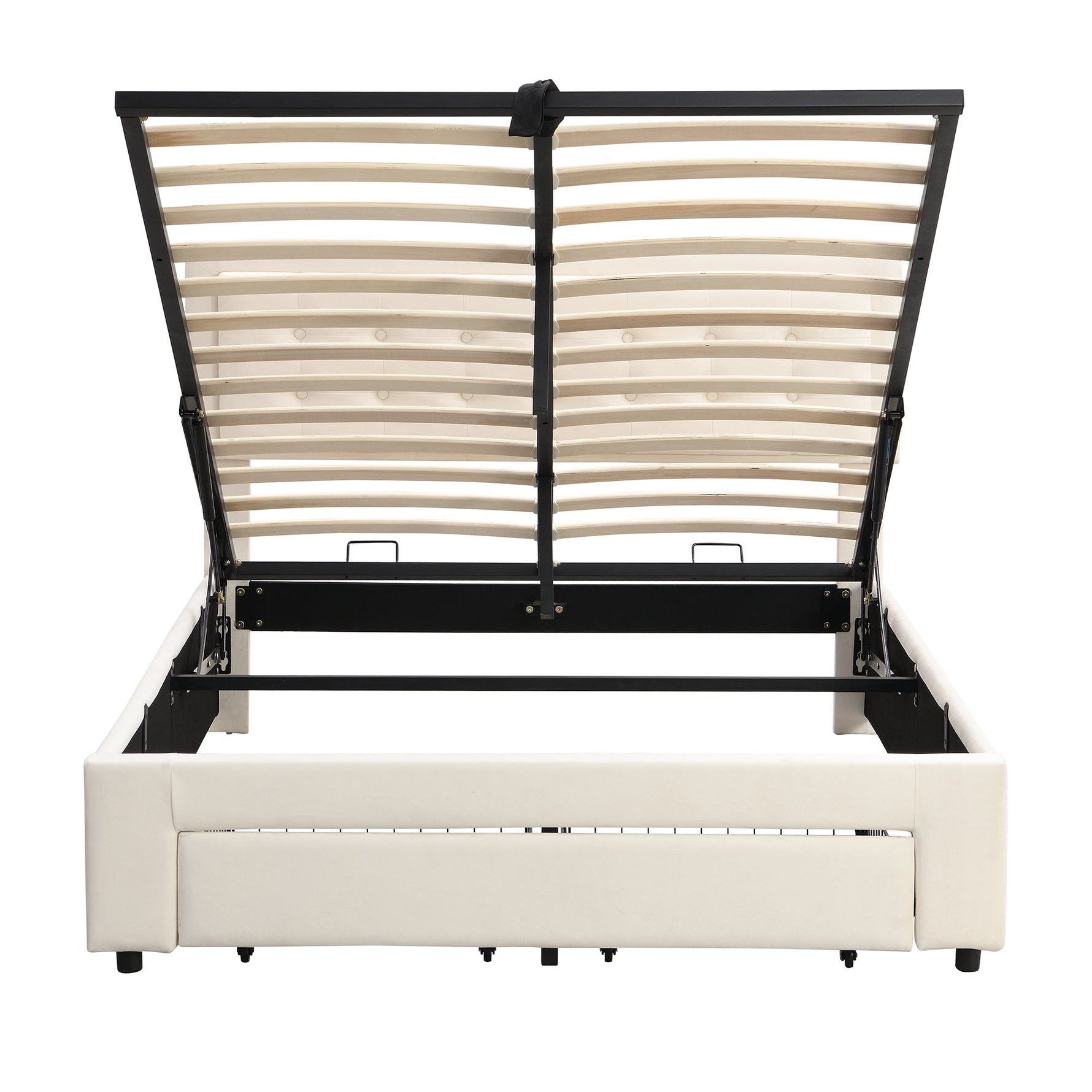 Upholstered Double Bed 140x190cm Hydraulic Storage Headboard 2 Drawers Velvet Beige