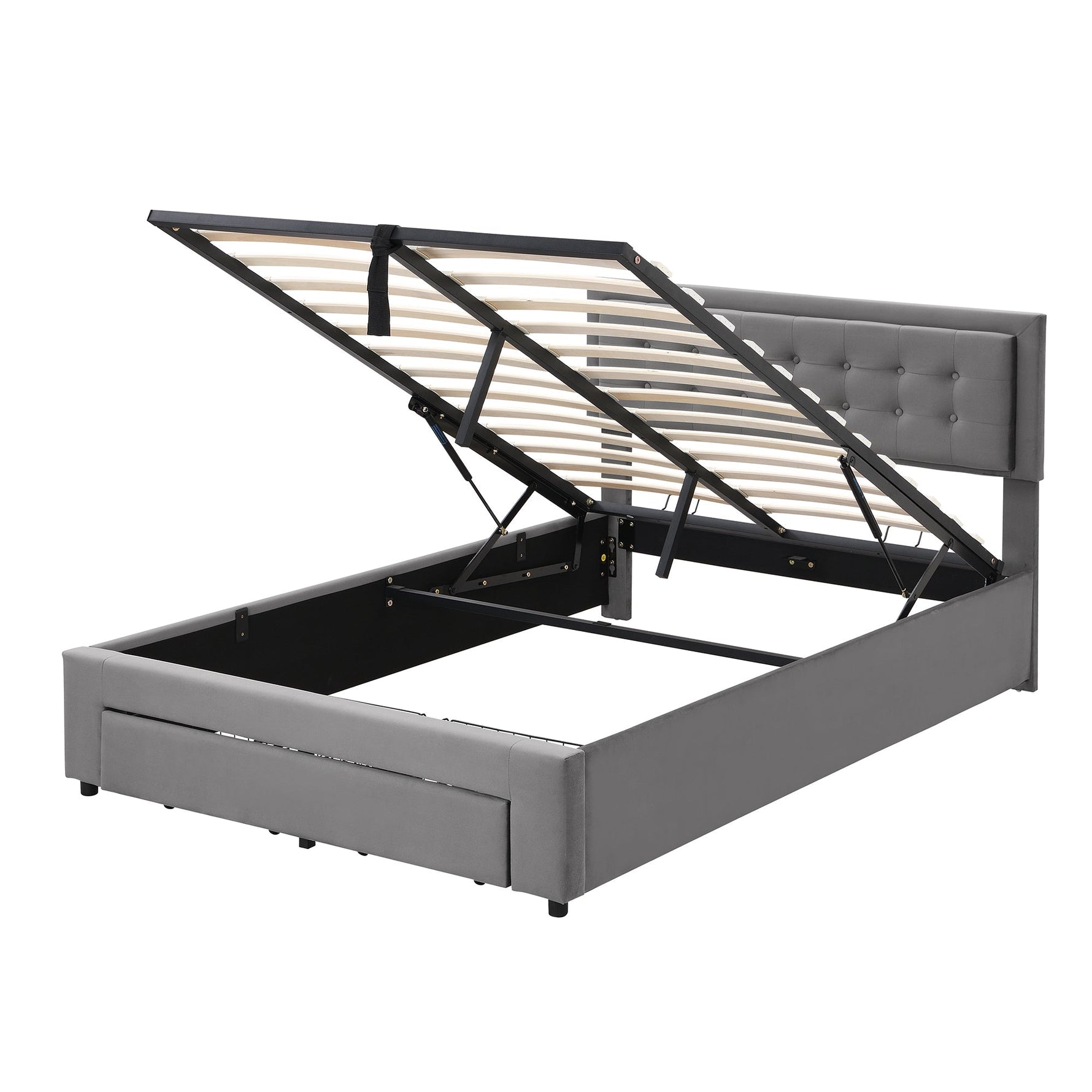 Upholstered Double Bed 140x190cm Hydraulic Storage 2 Drawers Velvet Grey