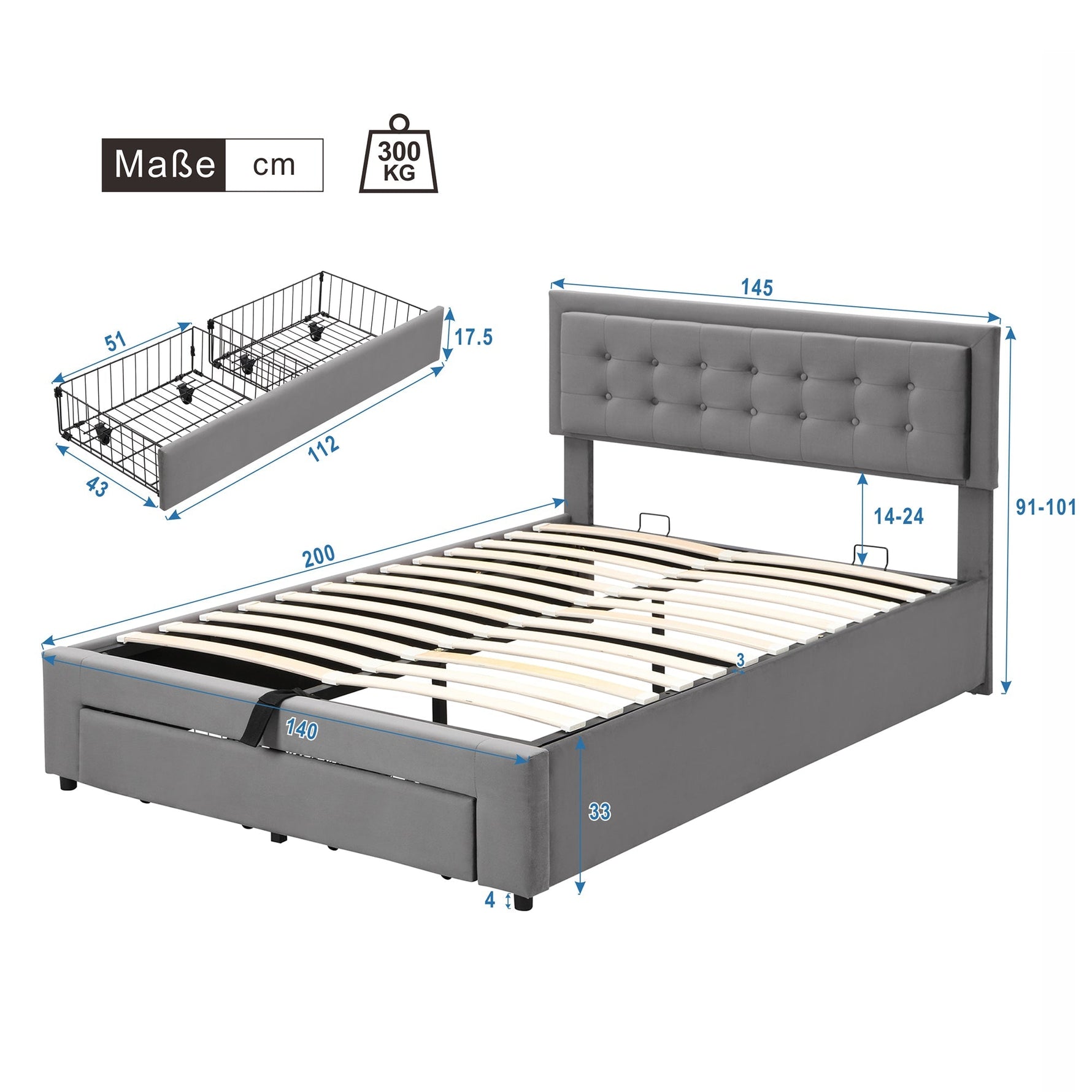 Upholstered Double Bed 140x200cm Storage Box & Drawers Slatted Frame - Velvet Grey