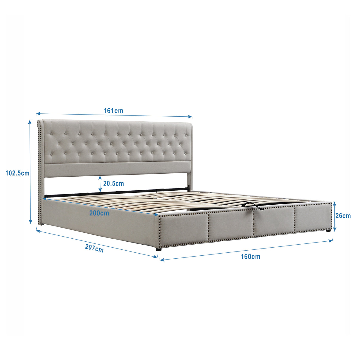 Cotton-Linen Upholstered Bed 160x200cm with Storage, Light Grey