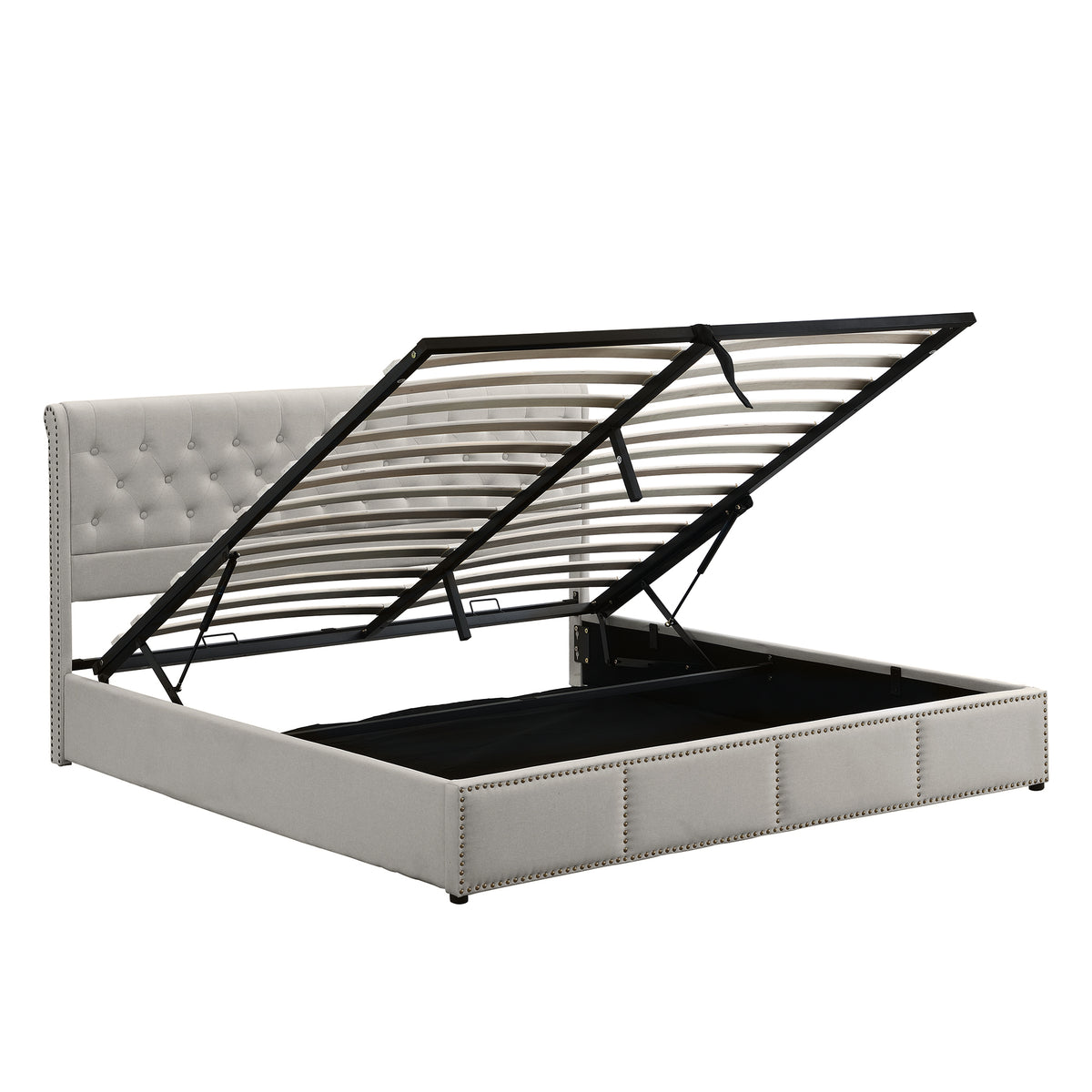 Cotton-Linen Upholstered Bed 160x200cm with Storage, Light Grey