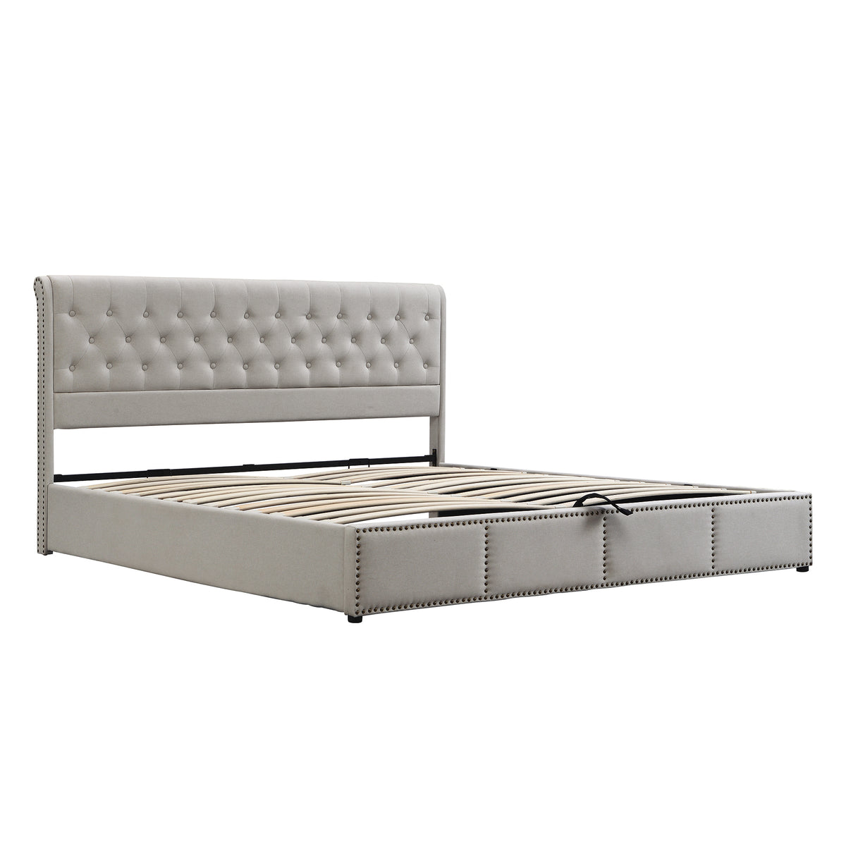 Cotton-Linen Upholstered Bed 160x200cm with Storage, Light Grey