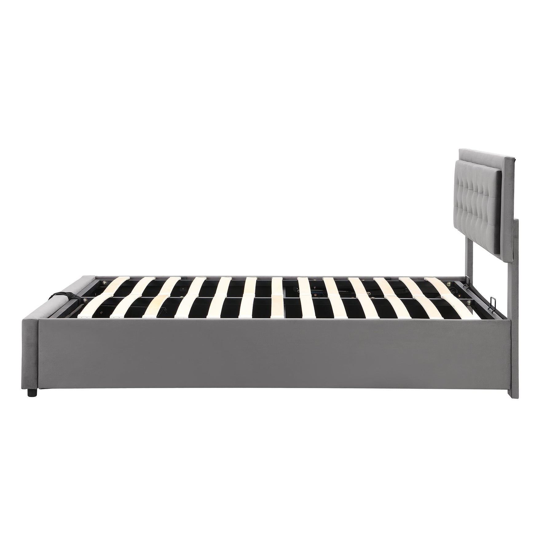 Upholstered Double Bed 140x190cm Hydraulic Storage 2 Drawers Velvet Grey