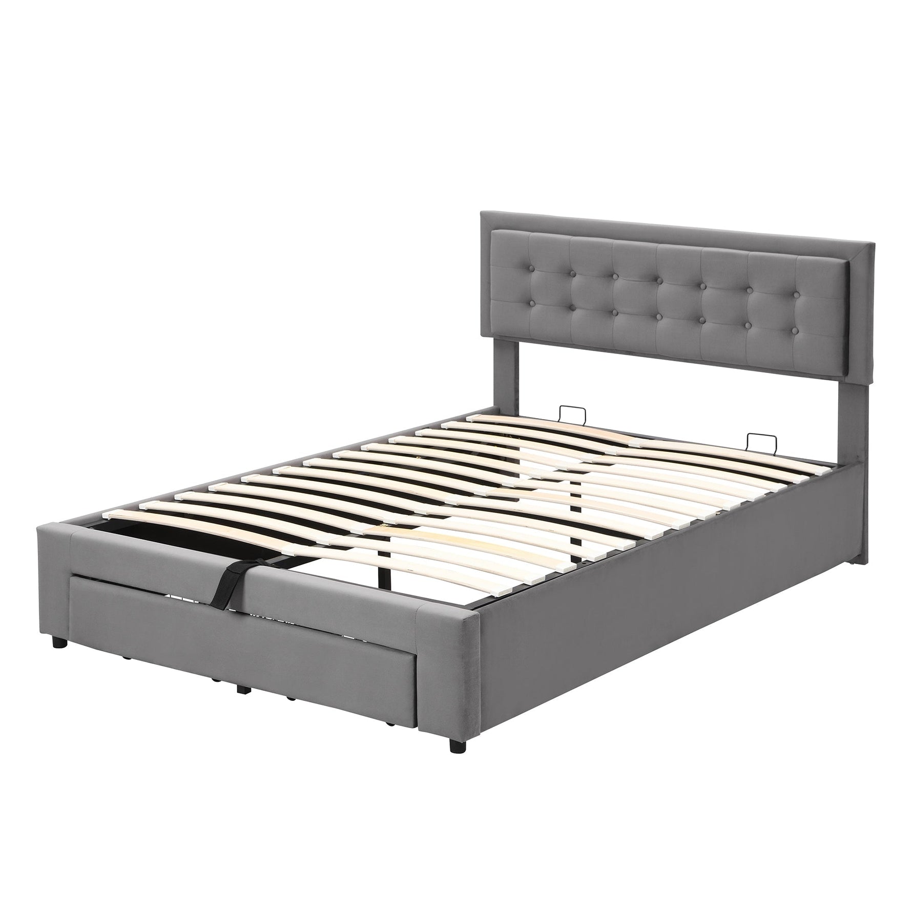Upholstered Double Bed 140x200cm Storage Box & Drawers Slatted Frame - Velvet Grey