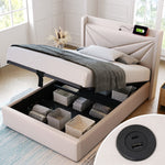 Upholstered Bed, Single with Storage & USB Type-C Headboard, Linen
