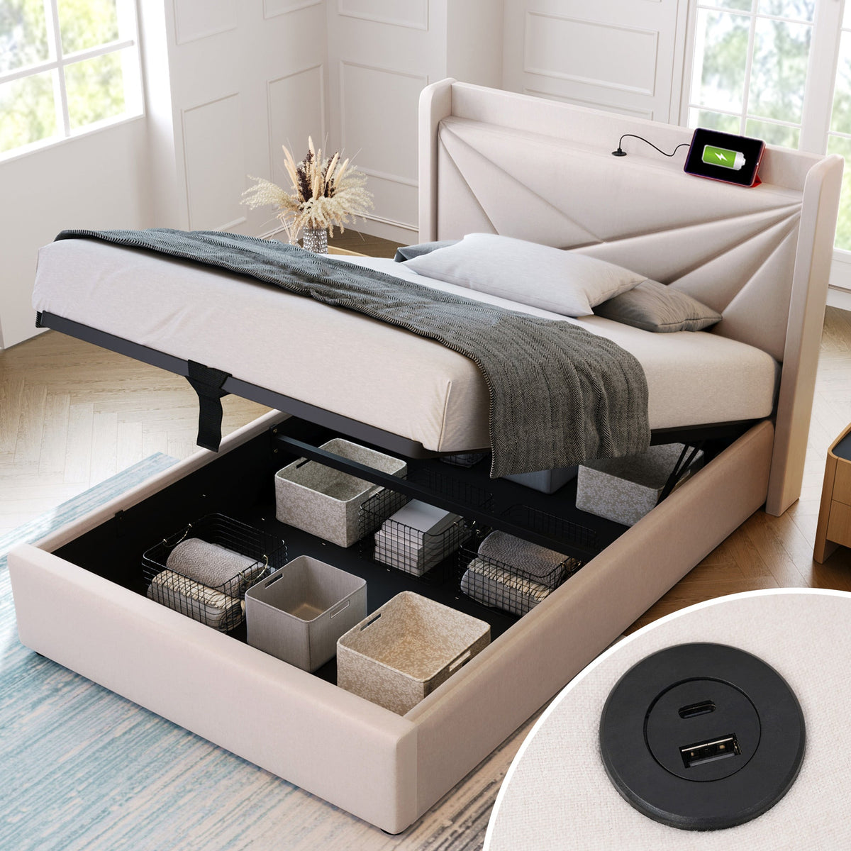 Upholstered Bed, Single with Storage & USB Type-C Headboard, Linen