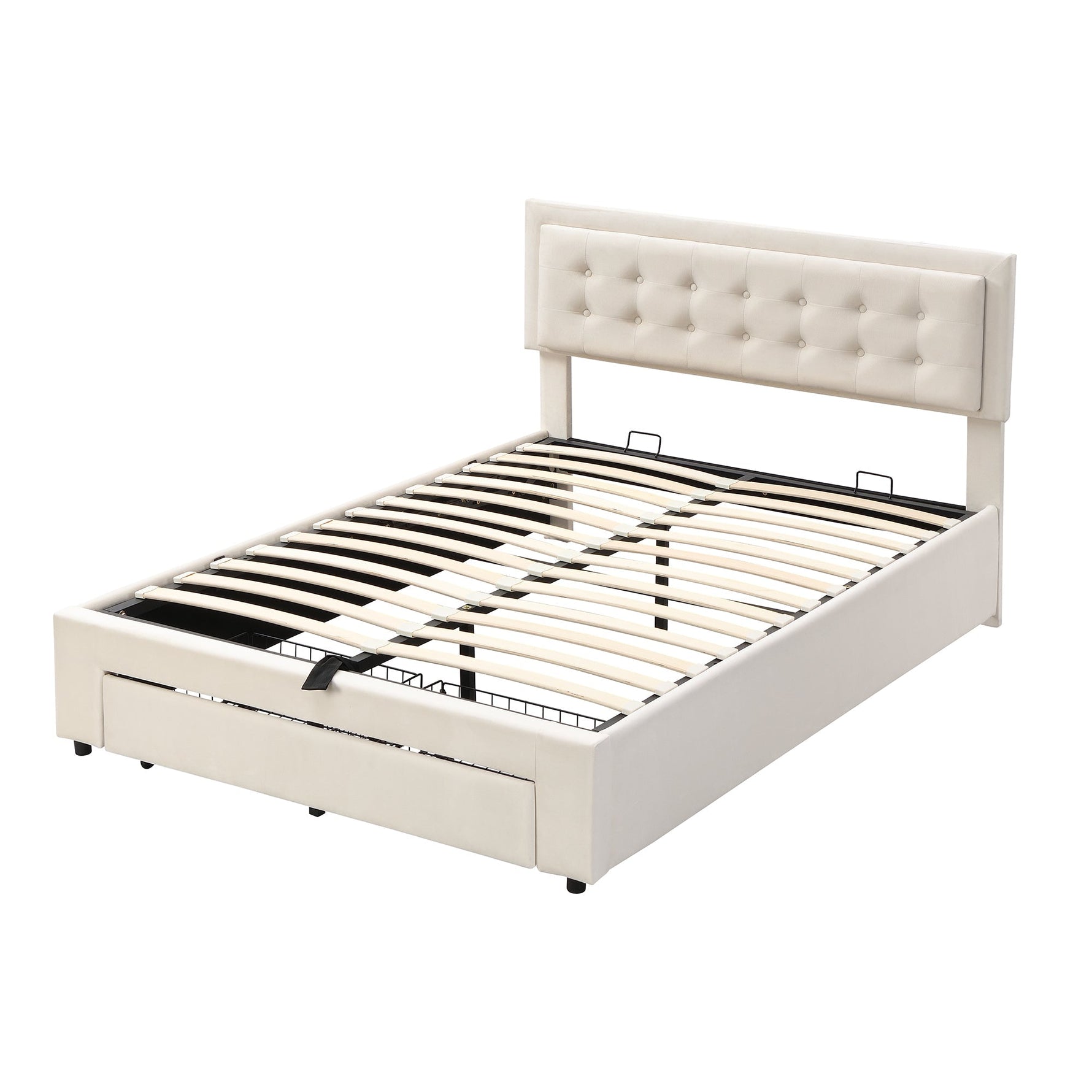 Upholstered Double Bed 140x190cm Hydraulic Storage Headboard 2 Drawers Velvet Beige