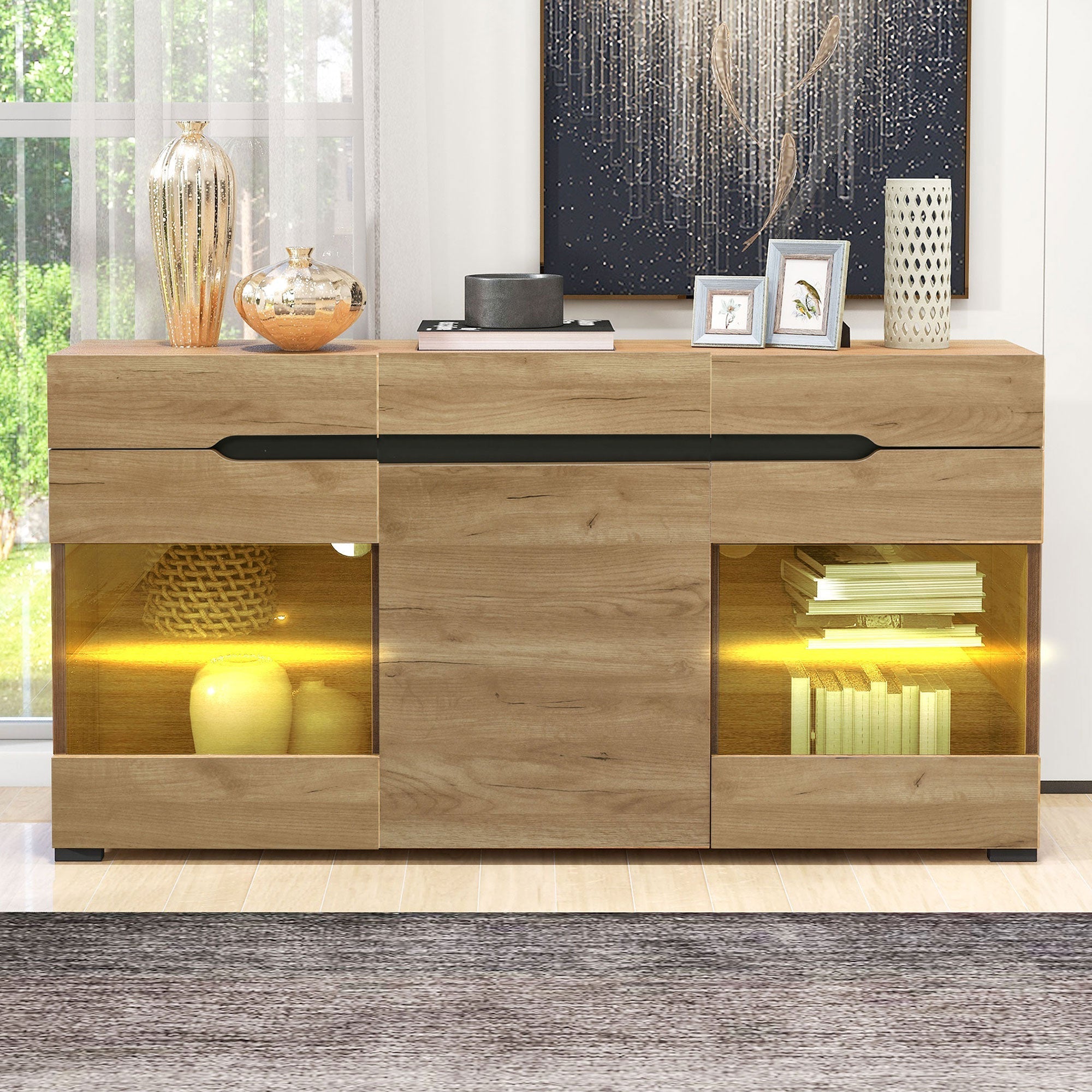 LED Sideboard Cabinet with 3 Doors and 3 Drawers, Oak