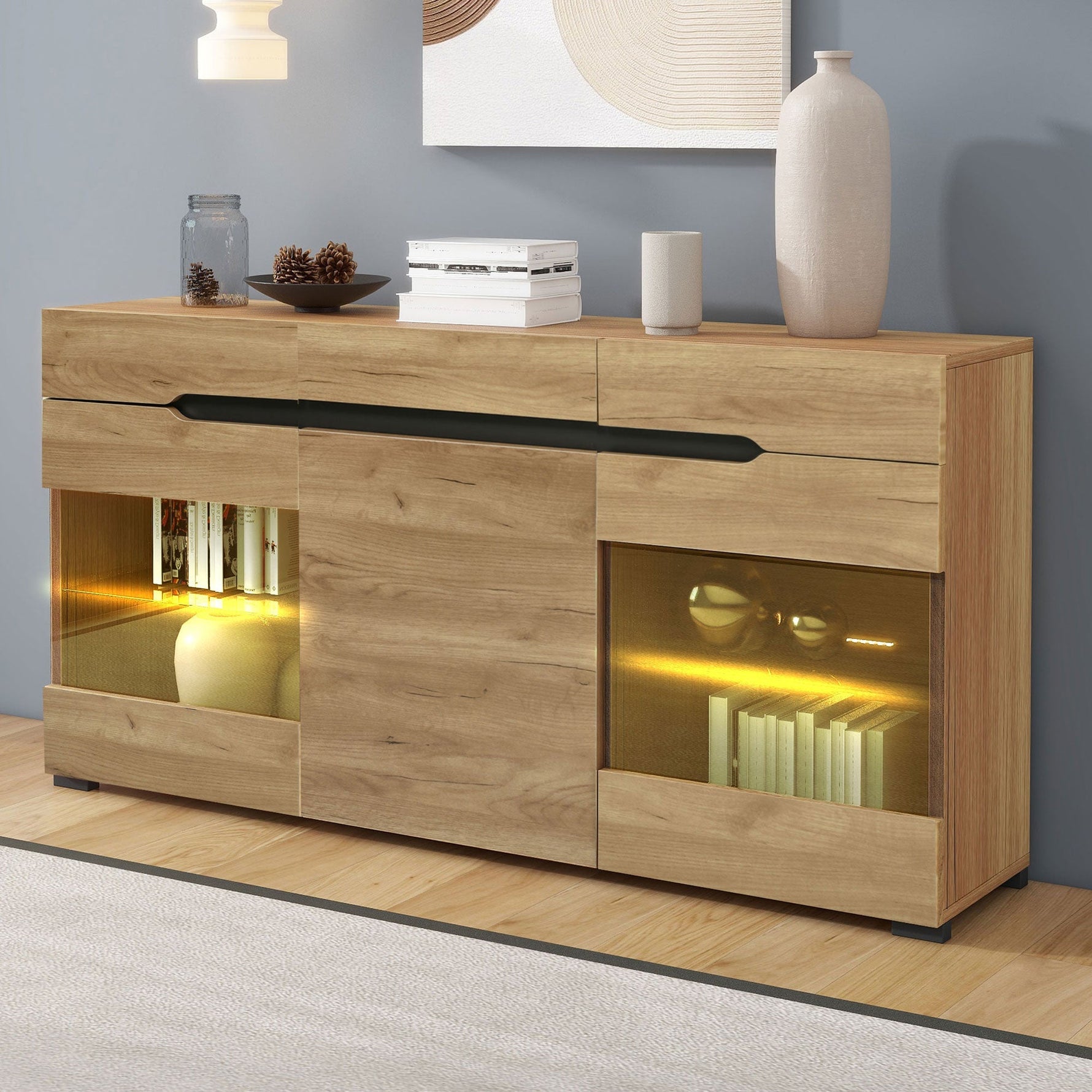 LED Sideboard Cabinet with 3 Doors and 3 Drawers, Oak