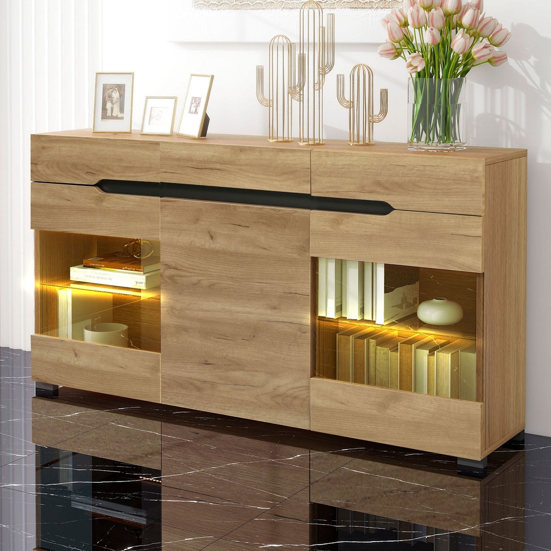 LED Sideboard Cabinet with 3 Doors and 3 Drawers, Oak