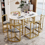 Six-Chair Dining Table Set, Modern Combination, White & Gold-Colored Iron