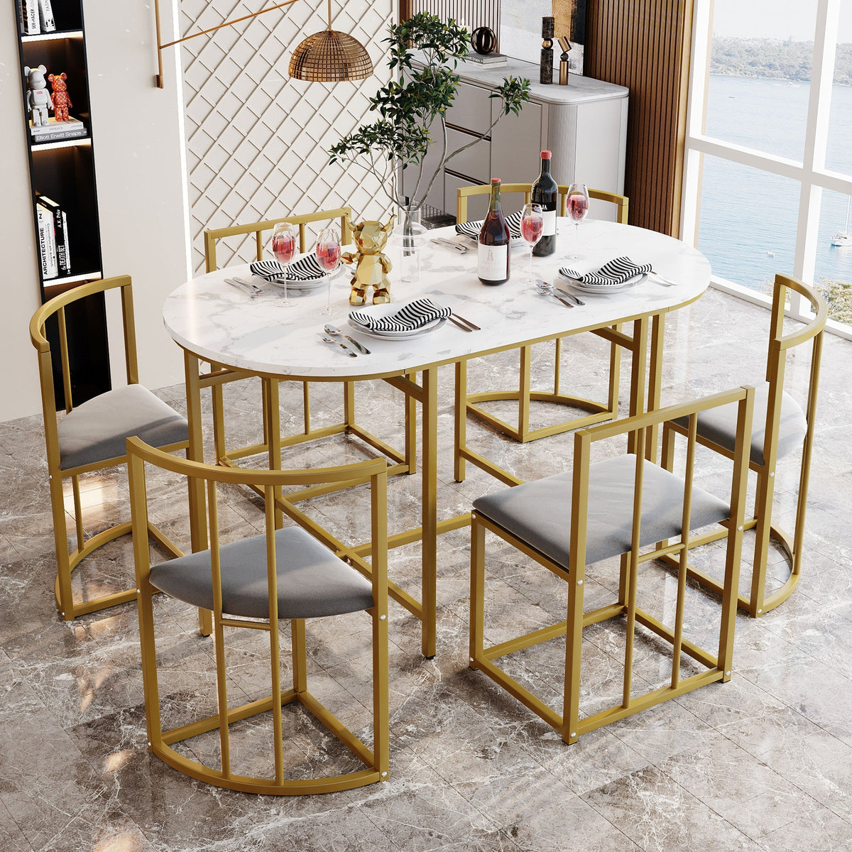 Six-Chair Dining Table Set, Modern Combination, White & Gold-Colored Iron
