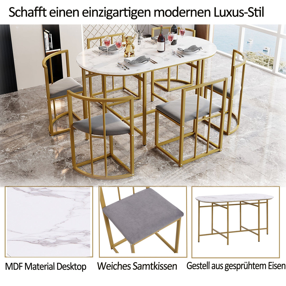 Six-Chair Dining Table Set, Modern Combination, White & Gold-Colored Iron